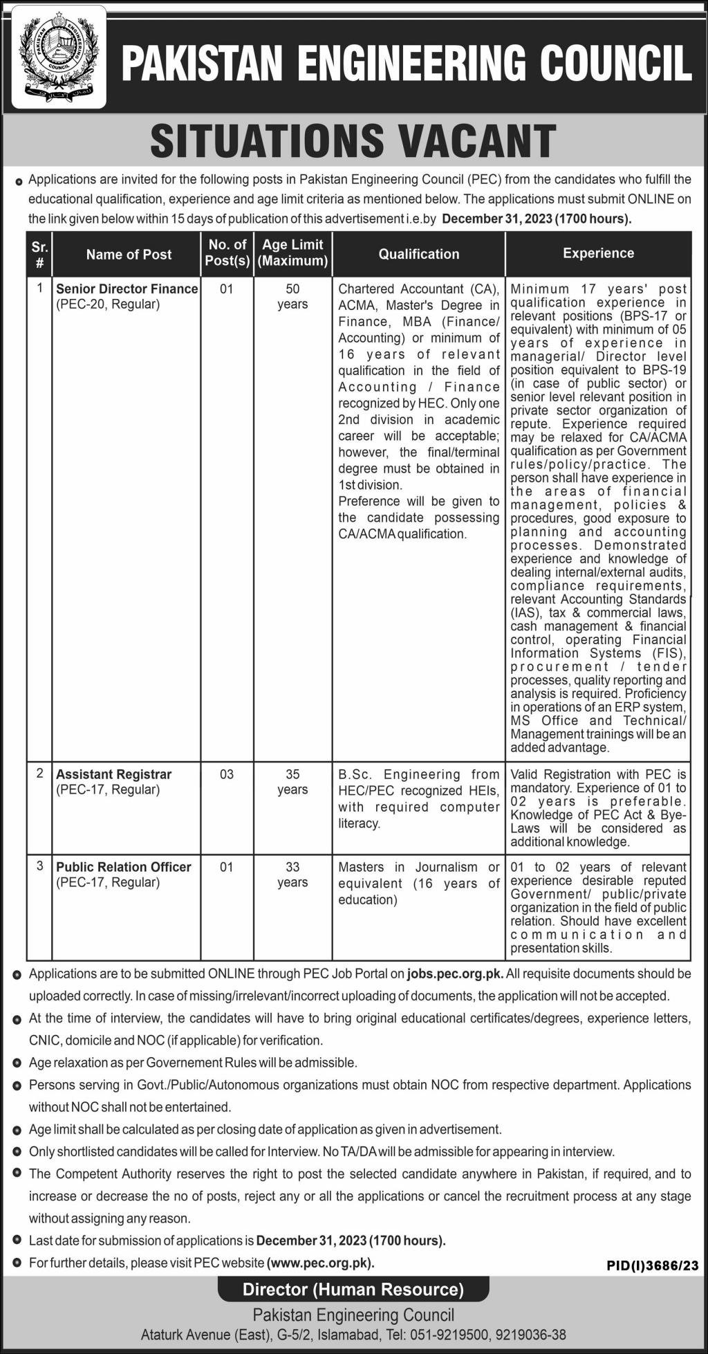 Pakistan Engineering Council PEC Jobs 2023 – Pakistan Engineering Council (PEC) Jobs 2023 — original advertisement