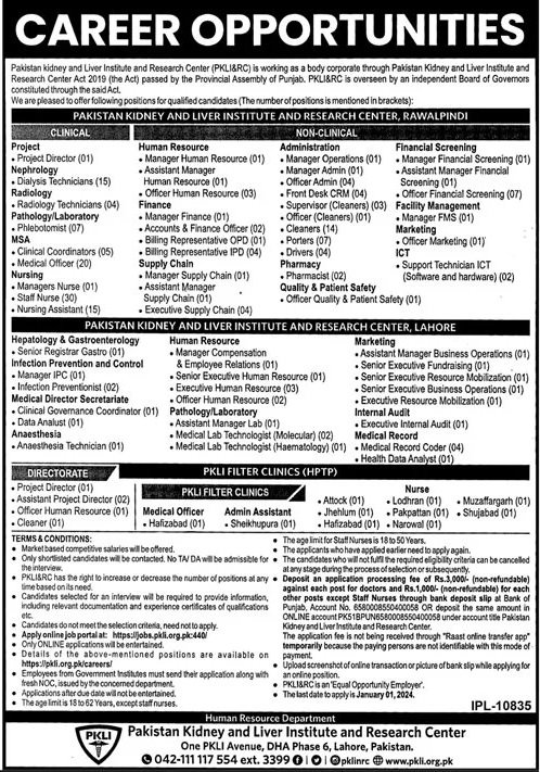 Pakistan Kidney And Liver Institute And Research Centre Jobs – Pakistan Kidney And Liver Institute (PKLI) And Research Centre Lahore Jobs 2023 — original advertisement