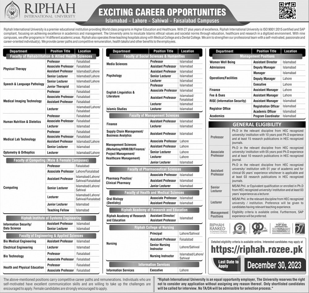 Riphah International University Islamabad Jobs 2023 Jobs 2023 — original advertisement