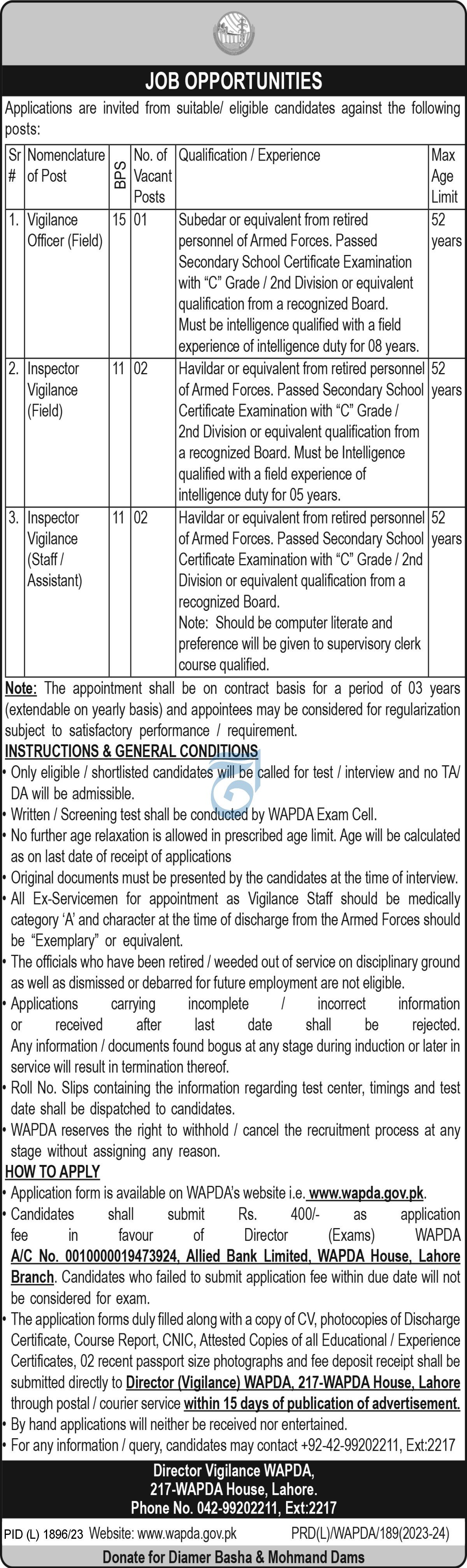 Water and Power Development Authority WAPDA Lahore Jobs 2024 Jobs 2023 — original advertisement