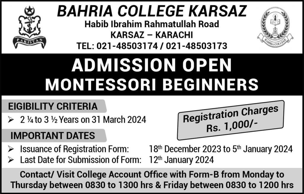 Admissions Open in Bahria College Karsaz Karachi 2024 Admissions 2023 — original advertisement