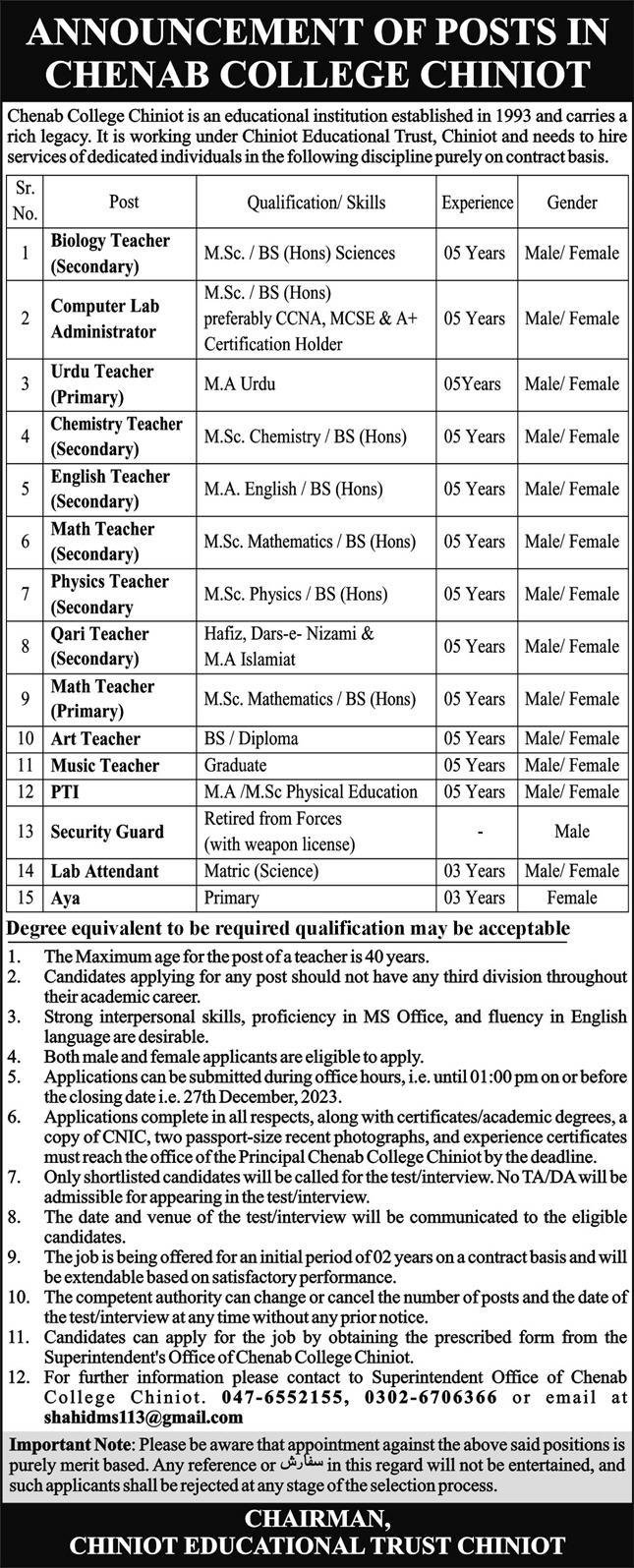 Chenab College Chiniot Punjab Jobs 2023 Jobs 2023 — original advertisement
