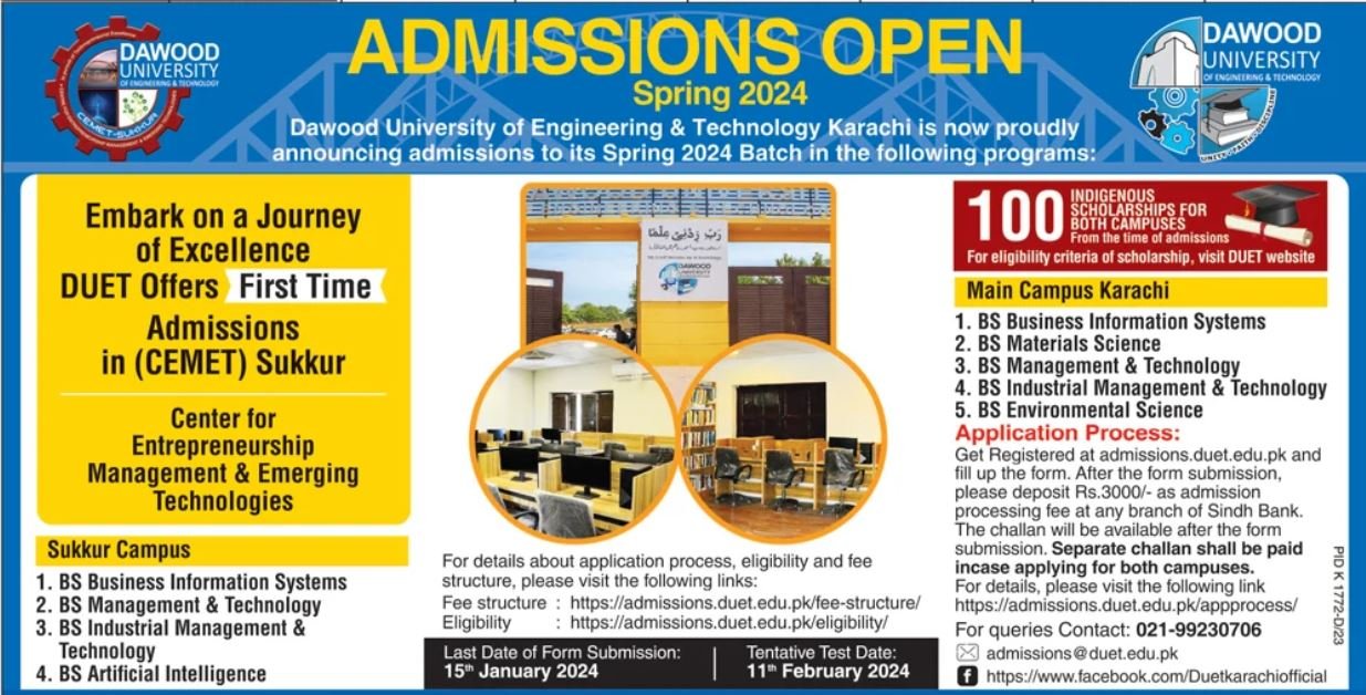Admissions Open Dawood University of Engineering & Technolog – Dawood University of Engineering and Technology Karachi Admissions 2023 — original advertisement