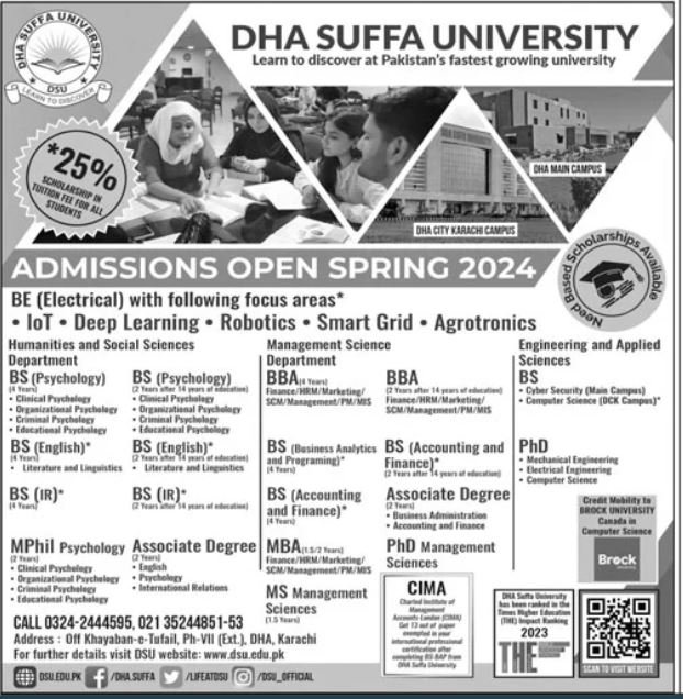 Admissions Open in Dha Suffa Univerisity 2023 – DHA Suffa University Admissions 2023 — original advertisement