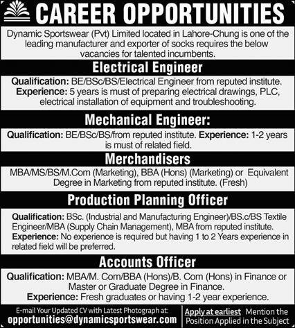 Dynamic Sportswear Pvt Limited Lahore Jobs 2023 – Private Company Jobs 2023 — original advertisement