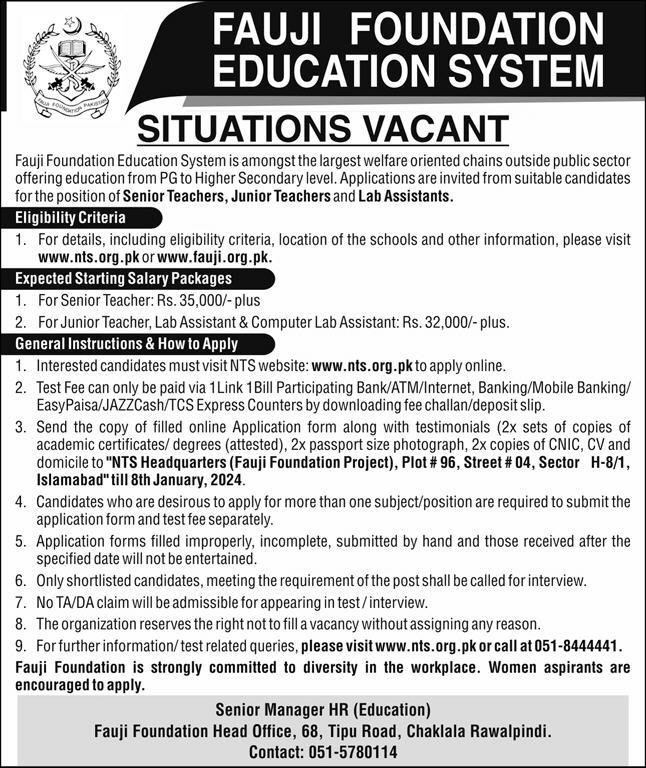 Fauji Foundation Rawalpindi Punjab Jobs 2024 Jobs 2023 — original advertisement