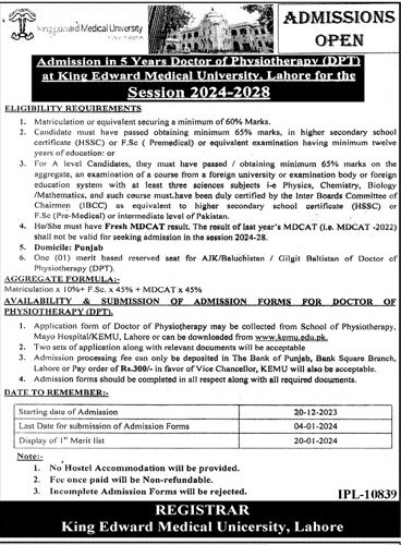 Admissions Open in King Edward Medical University Lahore Admissions 2023 — original advertisement