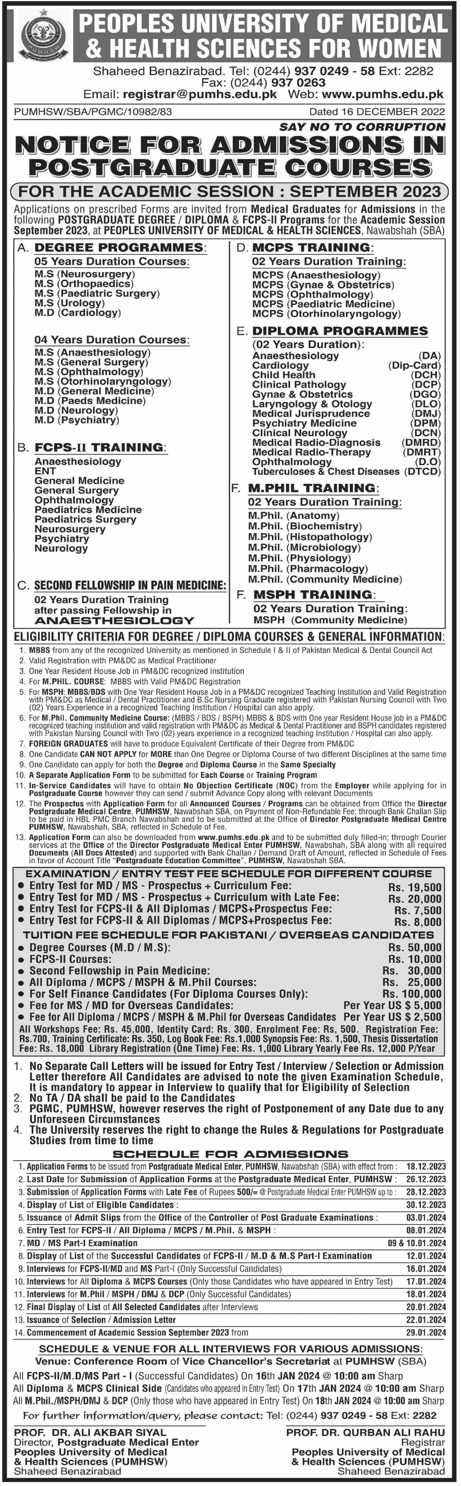 Admisisons Open in Peoples University of Medical & Health – Peoples University of Medical & Health Sciences for Women Shaheed Benazirabad Jobs 2023 — original advertisement