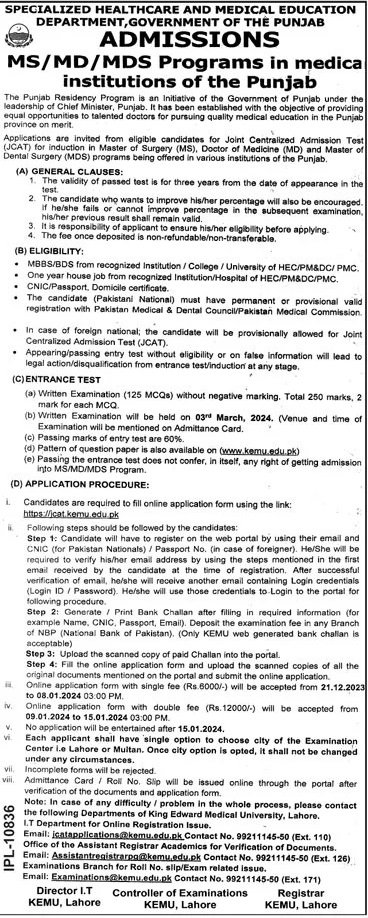 Admissions Open in Specilized HealthCare And Medical 2023 – Specialized Healthcare And Medical Education Department Lahore Admissions 2023 — original advertisement