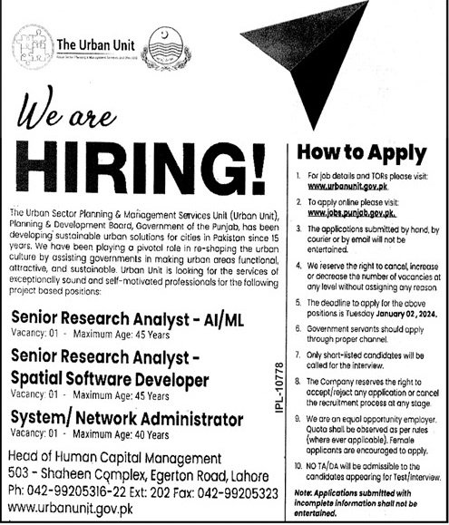 Urban Unit Punjab Lahore Jobs 2024 – The Urban Unit Punjab Jobs 2023 — original advertisement