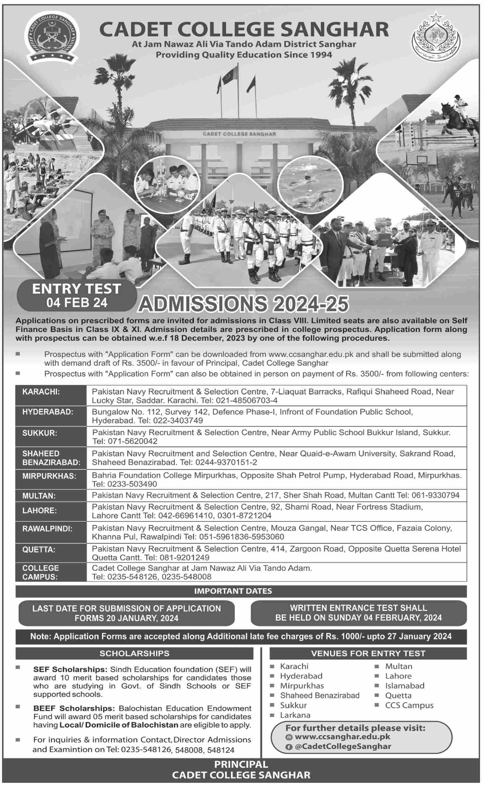 Admissions Open in Cadet College Sanghar Sindh Admissions 2023 — original advertisement