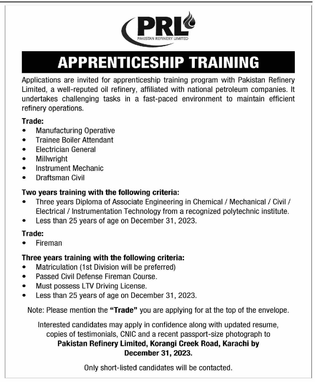 Pakistan Refinery Limited Apprenticeship Traning 2023 – Private Company Jobs 2023 — original advertisement