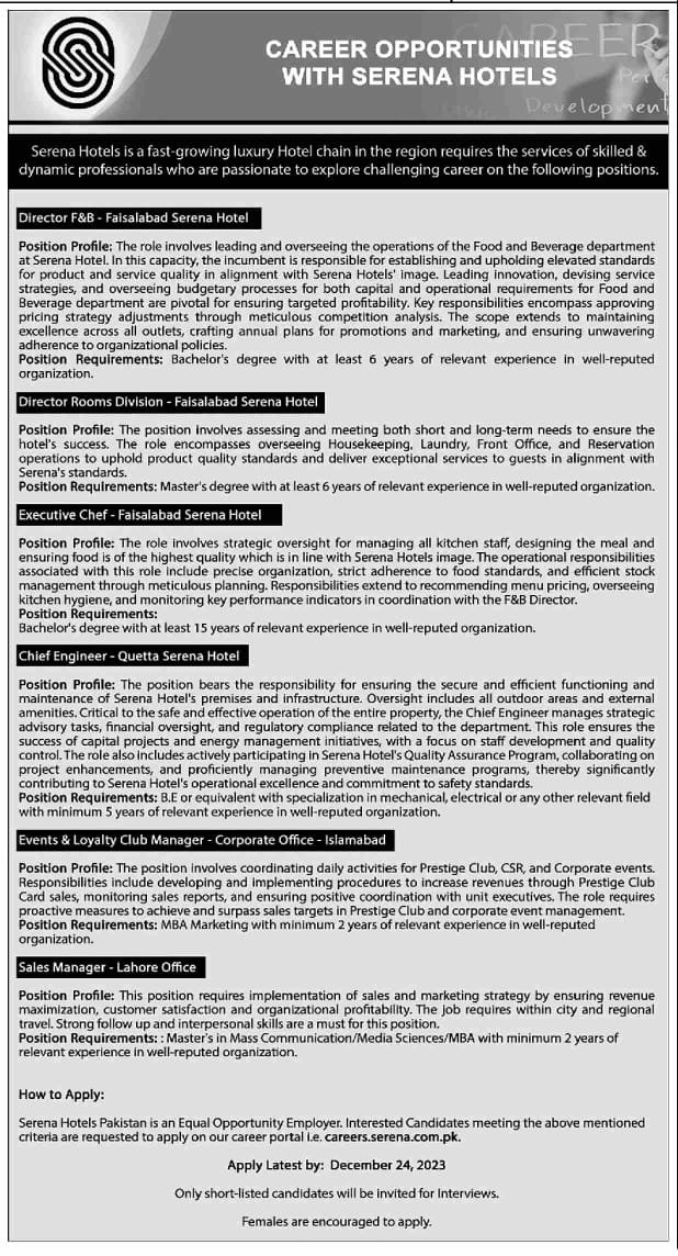 Career Opportunities Serena Hotels Pakistan Jobs 2023 — original advertisement