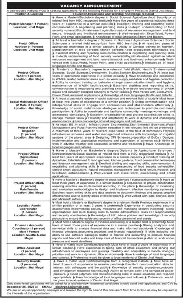 Well Reputed National NGO Jhal Magsi Jobs 2023 – Public Sector Organization Jobs 2023 — original advertisement