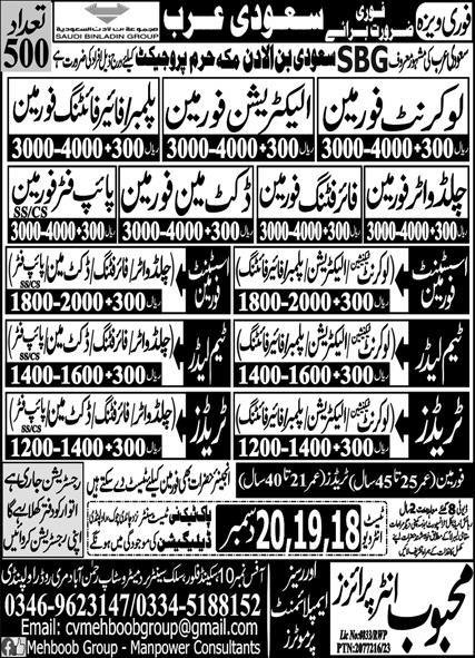 Pipe Fitter Foreman & Electrician Foreman Jobs 2023 – Mehboob Enterprises Overseas Jobs 2023 — original advertisement