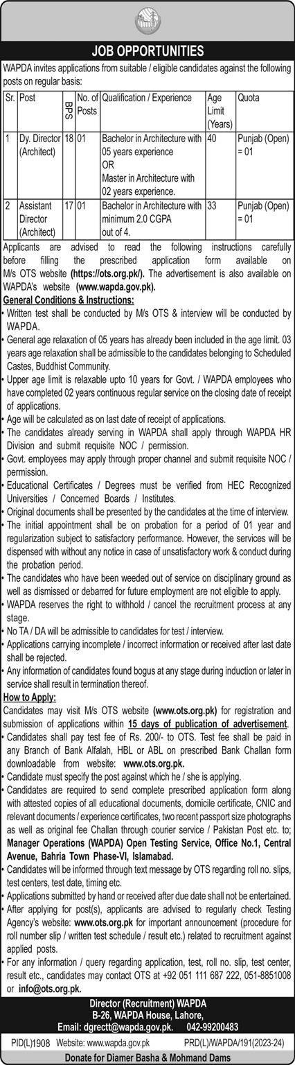 Water and Power Development Authority WAPDA Lahore Jobs 2024 Jobs 2023 — original advertisement