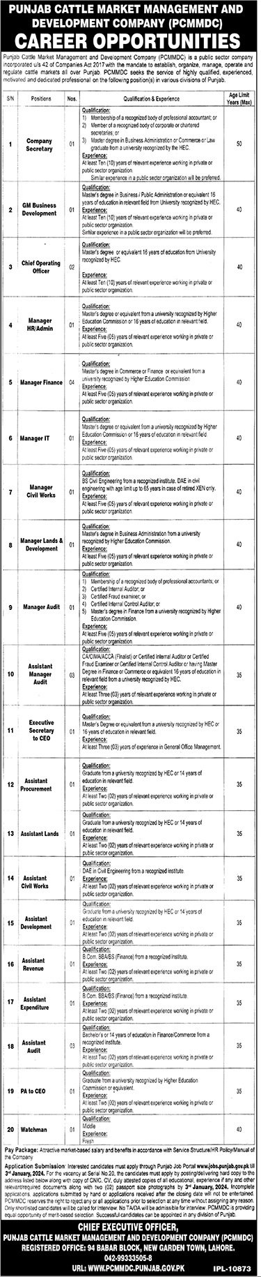 Punjab Cattle Market Management & Development Company Jobs – Private Company Jobs 2023 — original advertisement