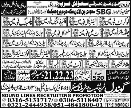 Docket Man Foreman And Electrician Jobs In Saudi Arabia – Gondal Trade Test & Training Center Jobs 2023 — original advertisement