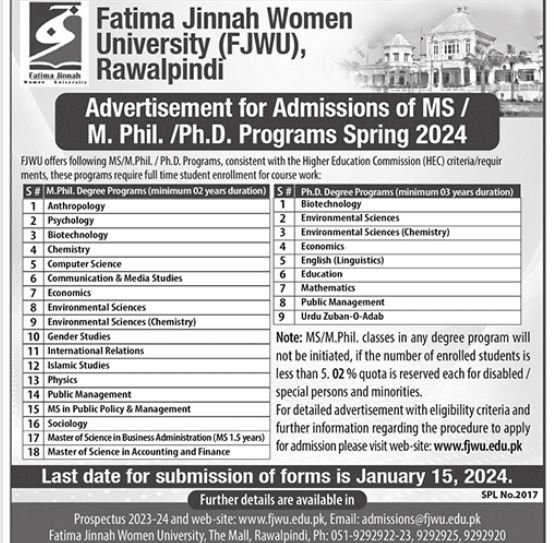 Admissions Open in Fatima Jinnah Women University Rawalpindi Admissions 2023 — original advertisement