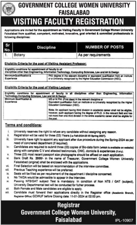 Government College Women University Faisalabad Jobs 2024 Jobs 2023 — original advertisement