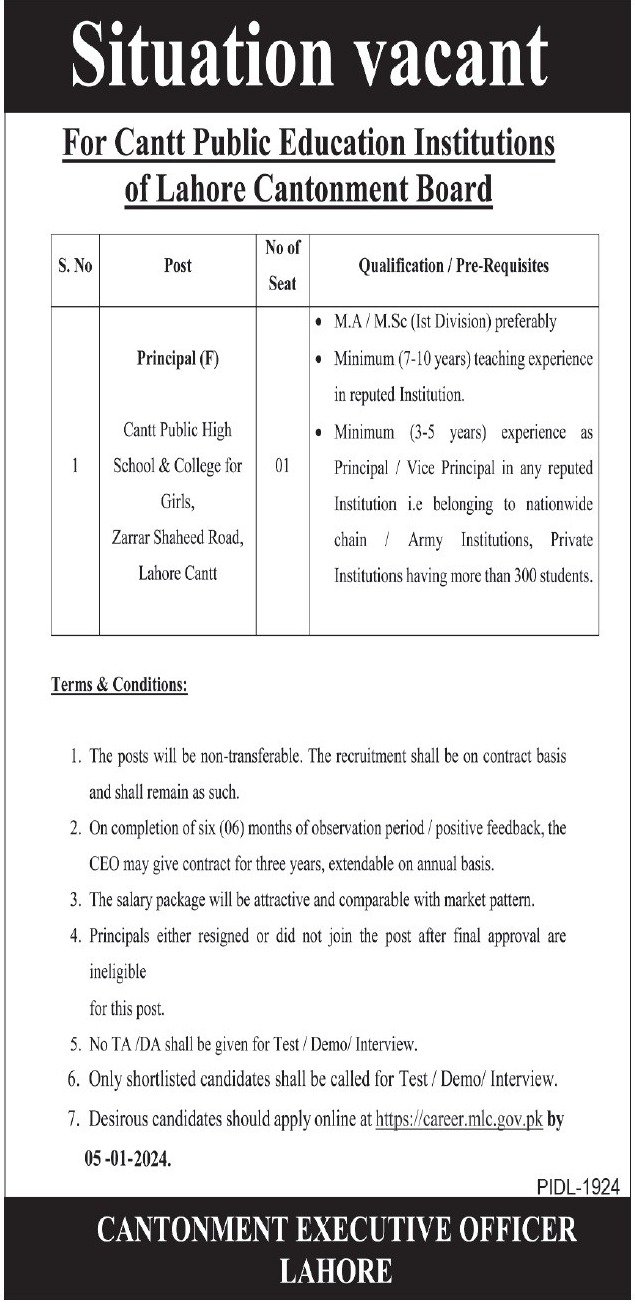 Cantt Public Education Institutions Principal Jobs 2024 – Cantonment Board Jobs 2023 — original advertisement