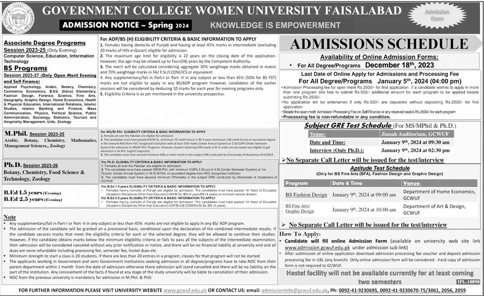 Admissions Open in Government Women University Faislabad – Government College Women University Faisalabad Admissions 2023 — original advertisement
