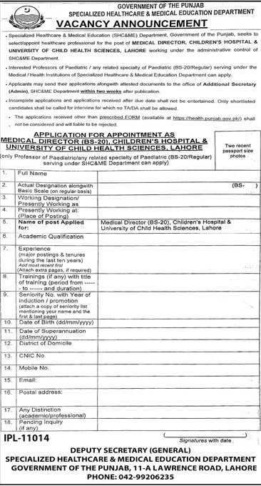 Specialized Healthcare & Medical Education Department Jobs – Specialized Healthcare And Medical Education Department Lahore Jobs 2023 — original advertisement