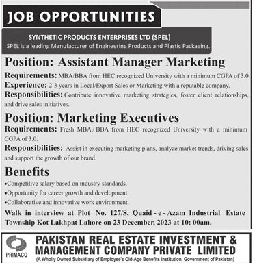 Synthetic Products Enferprises LTD Lahore Jobs 2023 – Private Company Jobs 2023 — original advertisement