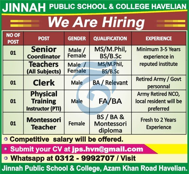 Jinnah Public School & College Teaching Jobs 2024 Jobs 2023 — original advertisement