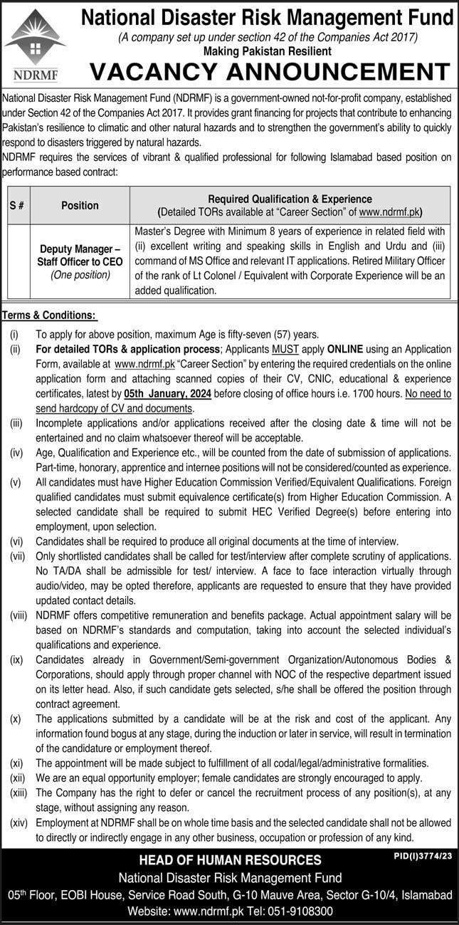 National Disaster Risk Management Fund NDRMF Islamabad Jobs – National Disaster & Risk Management Fund Jobs 2023 — original advertisement