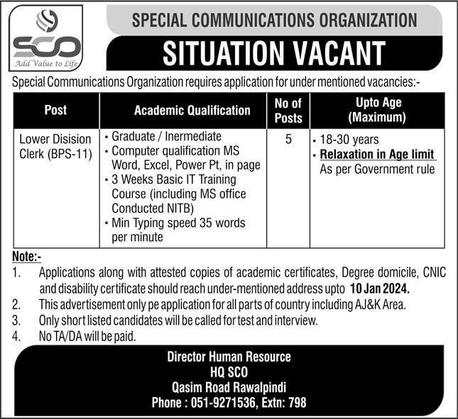 Special Communications Organization SCO Rawalpindi Jobs 2024 – Special Communication Organization Jobs 2023 — original advertisement