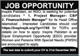Inspire Pakistan NGO Islamabad Jobs 2023 – Public Sector Organization Jobs 2023 — original advertisement