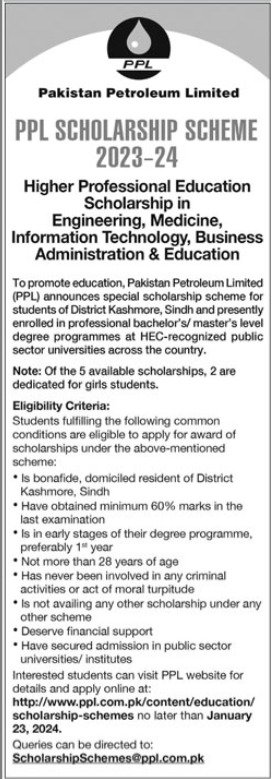 PPL Scholarship Scheme At Pakistan Petroleum Limited PPL – Pakistan Petroleum Limited (PPL) Scholarships 2023 — original advertisement