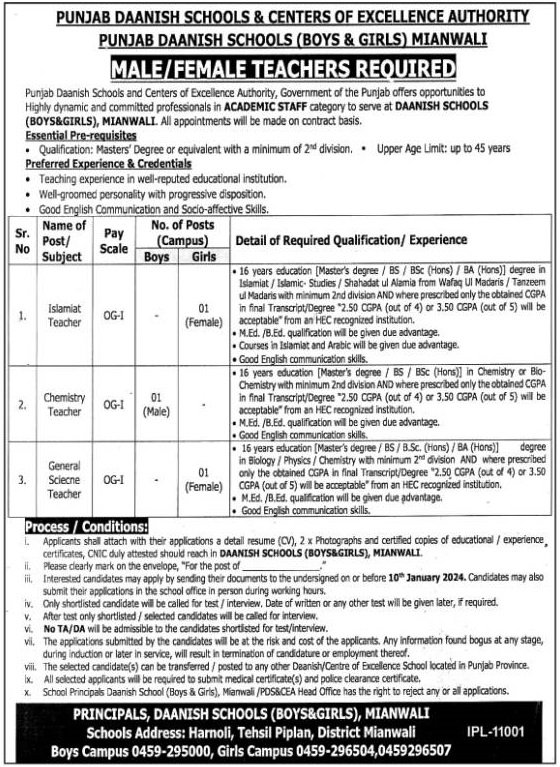 Punjab Daanish Schools & Center Of Excellence Authority Jobs Jobs 2023 — original advertisement