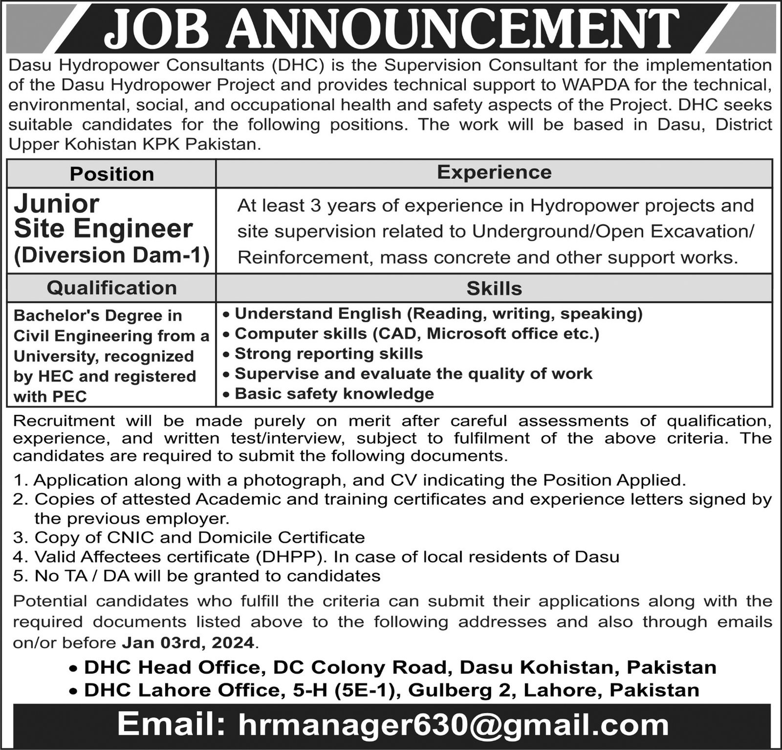 Dasu Hydropower Consultants Lahore Job 2024 – Dasu Hydropower Consultants(DHC) Jobs 2023 — original advertisement