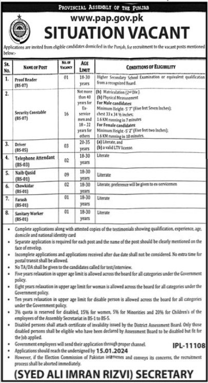 Provincial Assembly of the Punjab Lahore Jobs 2024 – Govt of Punjab Jobs 2023 — original advertisement