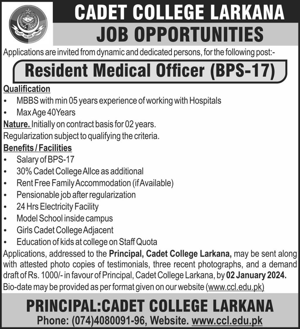 Cadet College Larkana Sindh Jobs 2024 Jobs 2023 — original advertisement
