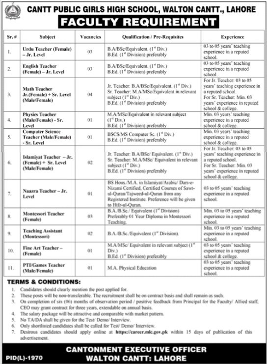 Cantt Public Girls High School Lahore Punjab Jobs 2024 – Federal Govt Educational Institutes Cantts and Garrisons Jobs 2023 — original advertisement