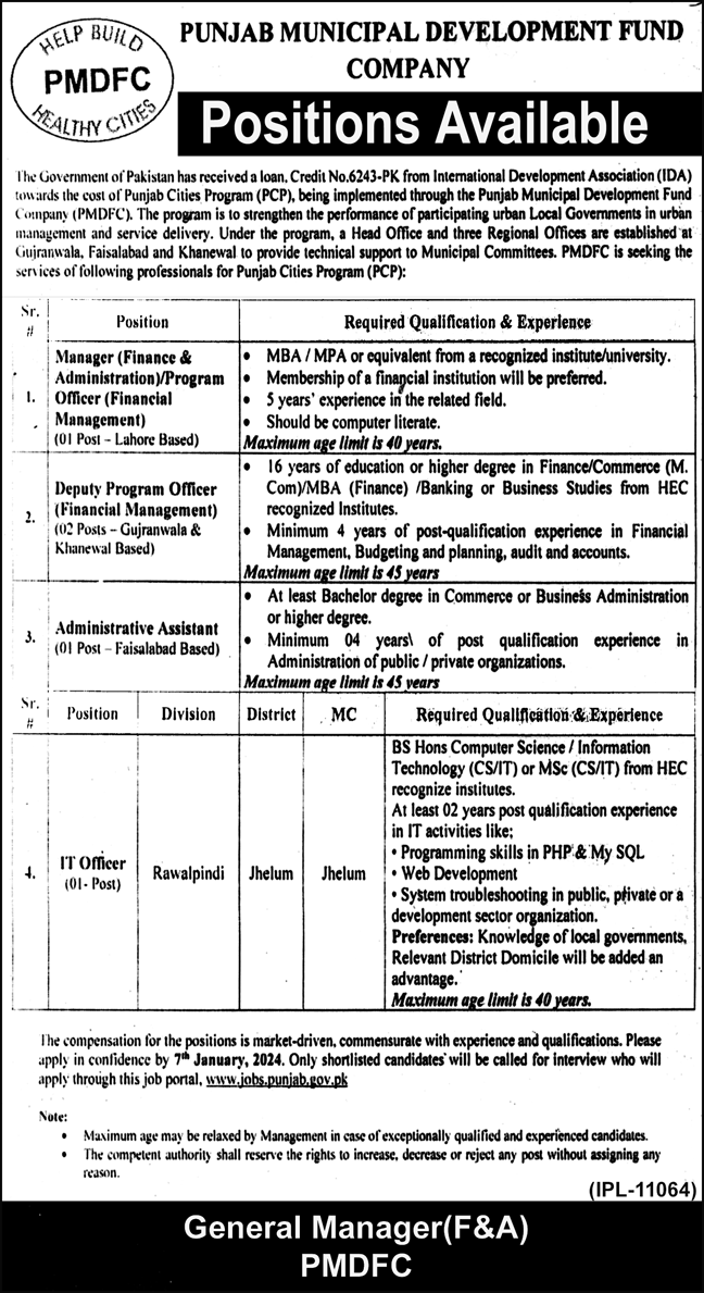 Punjab Municipal Development Fund Company Lahore Jobs 2024 Jobs 2023 — original advertisement