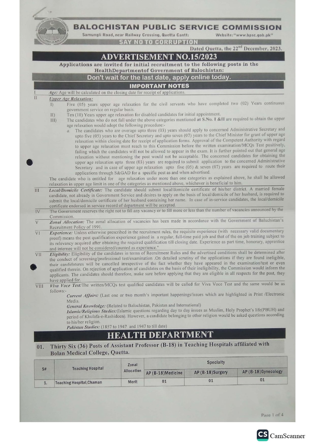 Balochistan Public Service Commission Jobs 15/2023 – Balochistan Public Service Commission Quetta Balochsitan Jobs 2023 — original advertisement