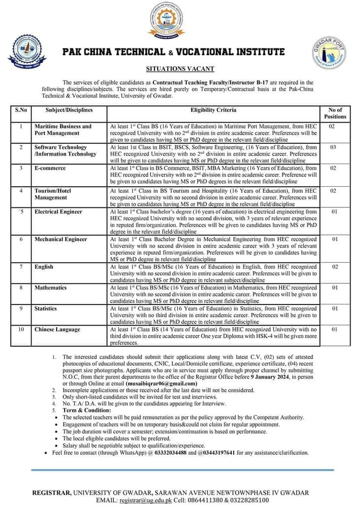 Pak China Techanical & Vocational Institute Jobs 2024 – University Of Gwadar Jobs 2023 — original advertisement