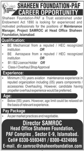 Shaheen Foundation PAF Islamabad Jobs 2024 Jobs 2023 — original advertisement
