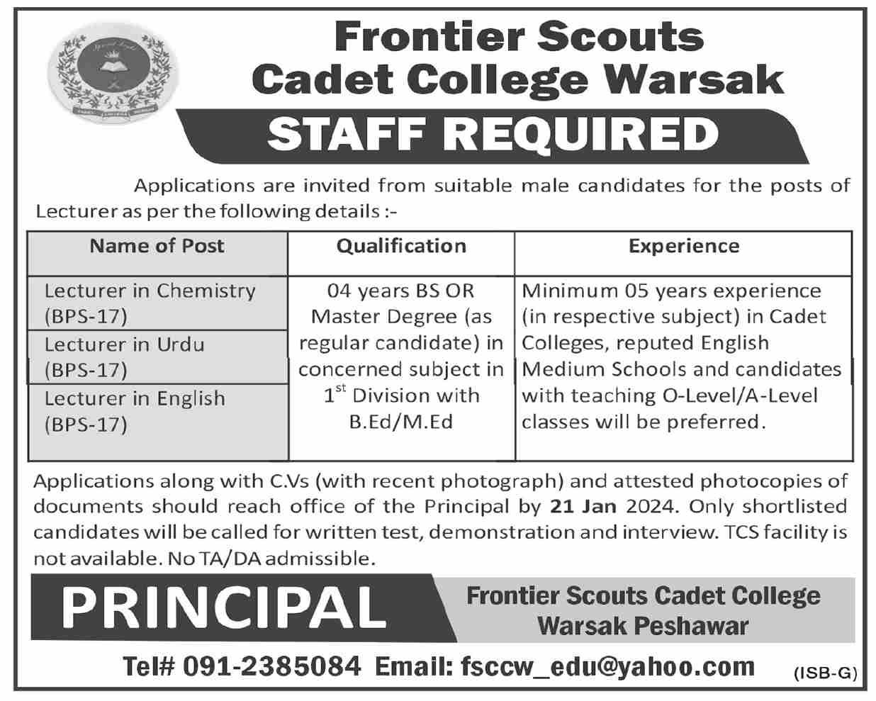 Frontier Scouts Cadet College Warsak Peshawar Jobs 2024 Jobs 2023 — original advertisement