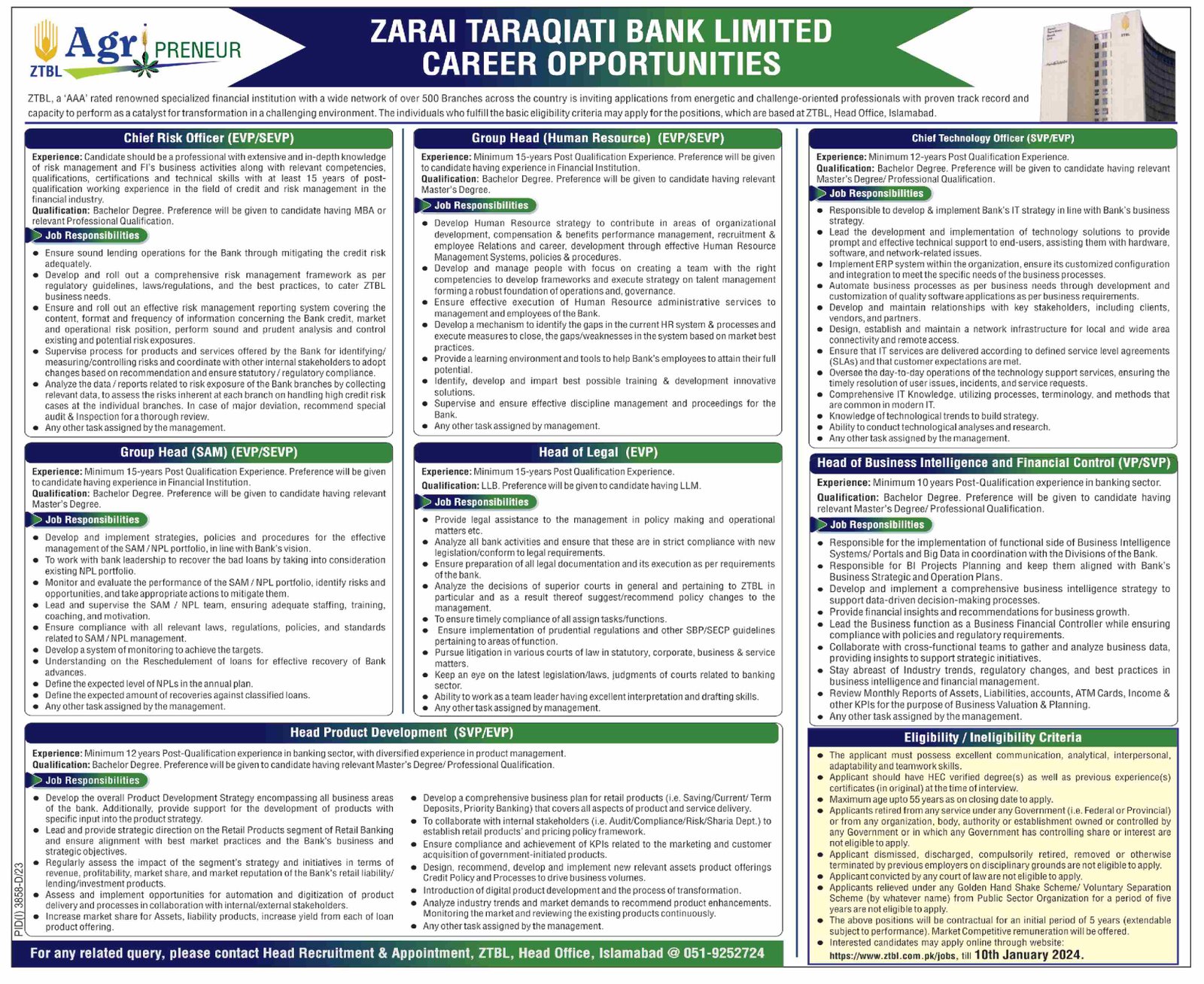 Zarai Taraqiati Bank Limited ZTBL Islamabad Jobs 2024 Jobs 2023 — original advertisement