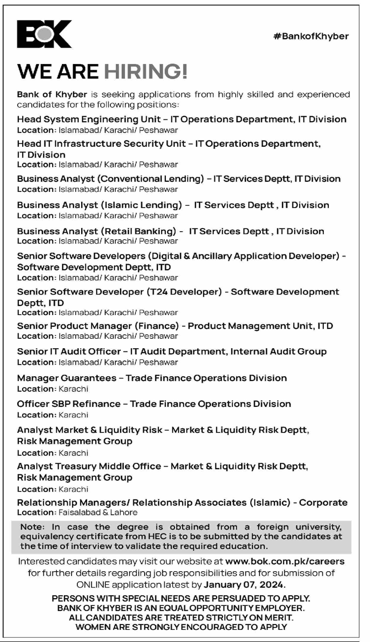The Bank of Khyber BOK Karachi Jobs 2024 Jobs 2023 — original advertisement
