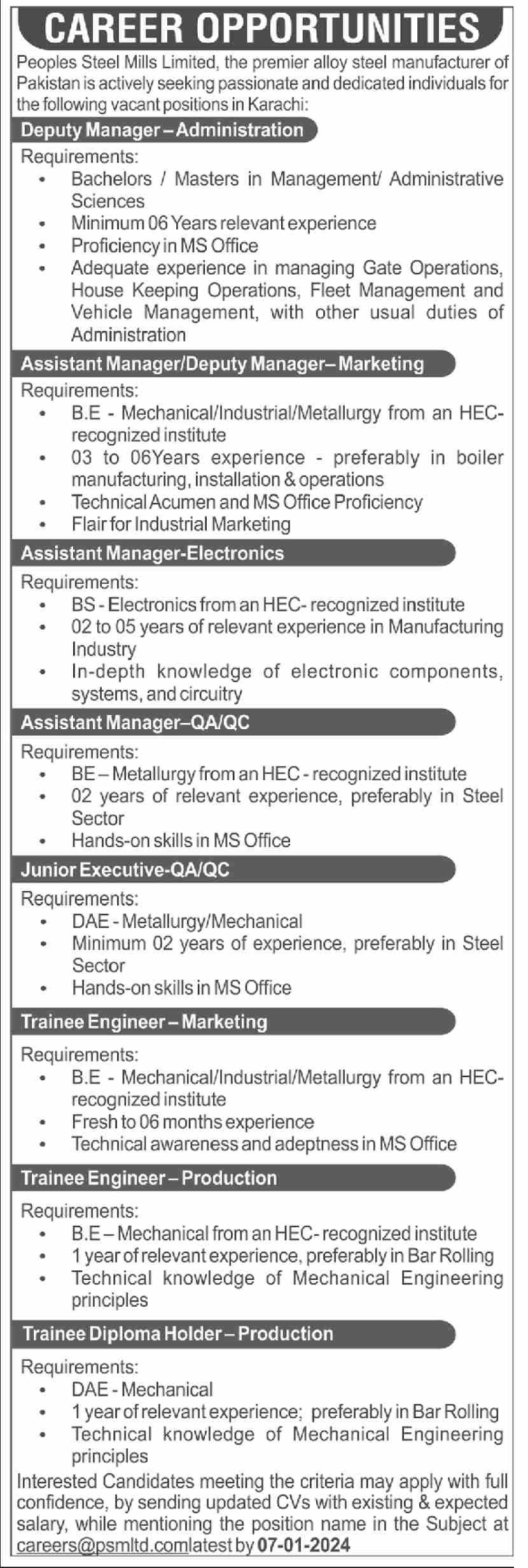 Peoples Steel Mills Limited PSML Karachi Sindh Jobs 2024 – Private Company Jobs 2023 — original advertisement