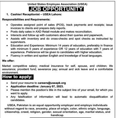 United State Employee Association USEA Lahore Jobs 2024 – United States Employee Association Jobs 2023 — original advertisement
