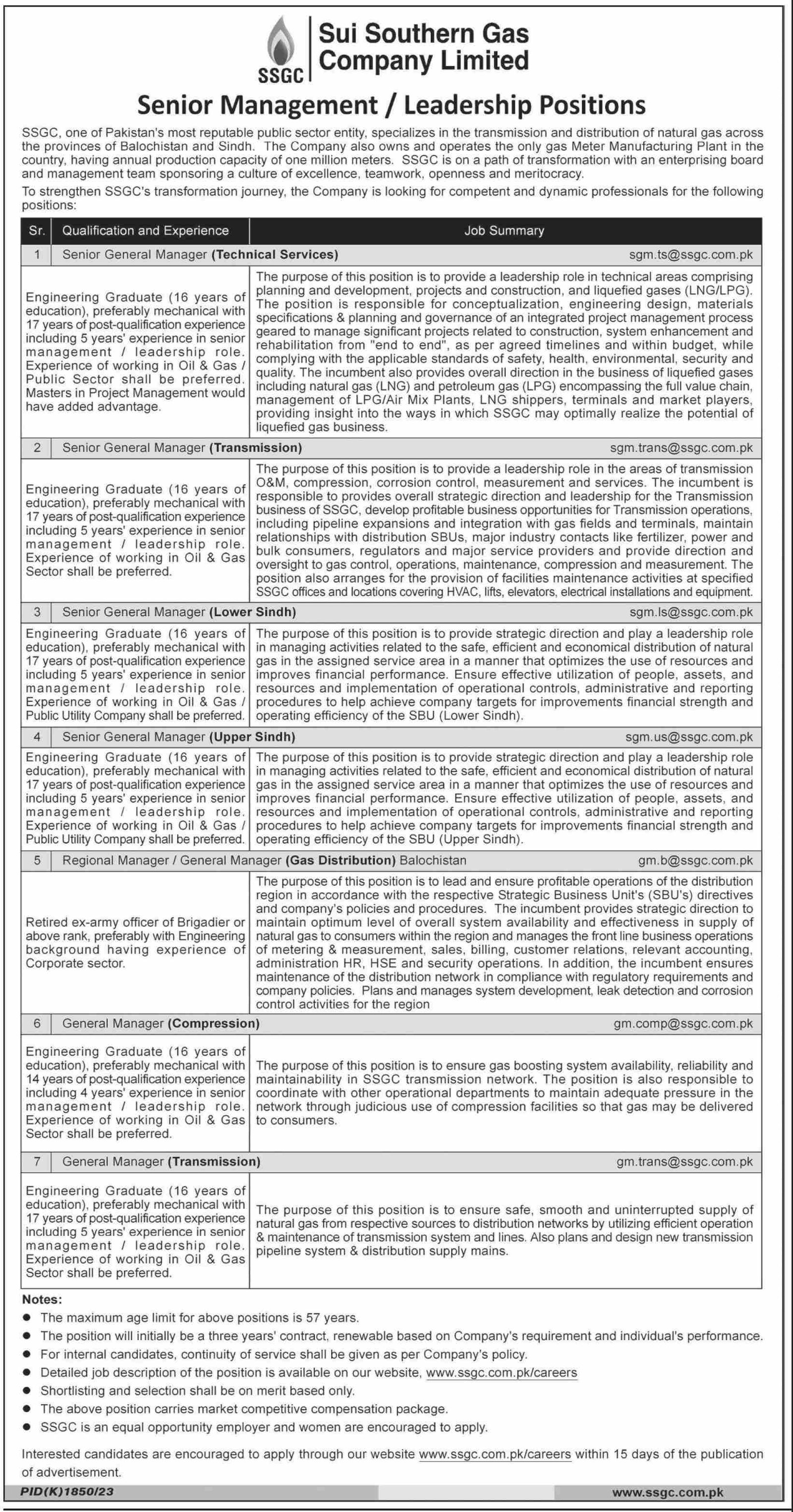 Sui Southern Gas Company Limited SSGC Karachi Jobs 2024 Jobs 2023 — original advertisement