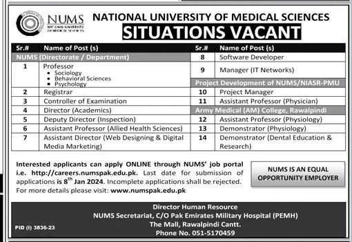 National University of Medical Sciences NUMS Rawalpindi Jobs – National University of Medical Science NUMS Jobs 2023 — original advertisement