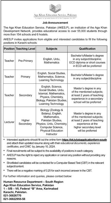 Aga Khan Education Service Karachi Jobs 2024 – Aga Khan Education Service Pakistan Jobs 2023 — original advertisement